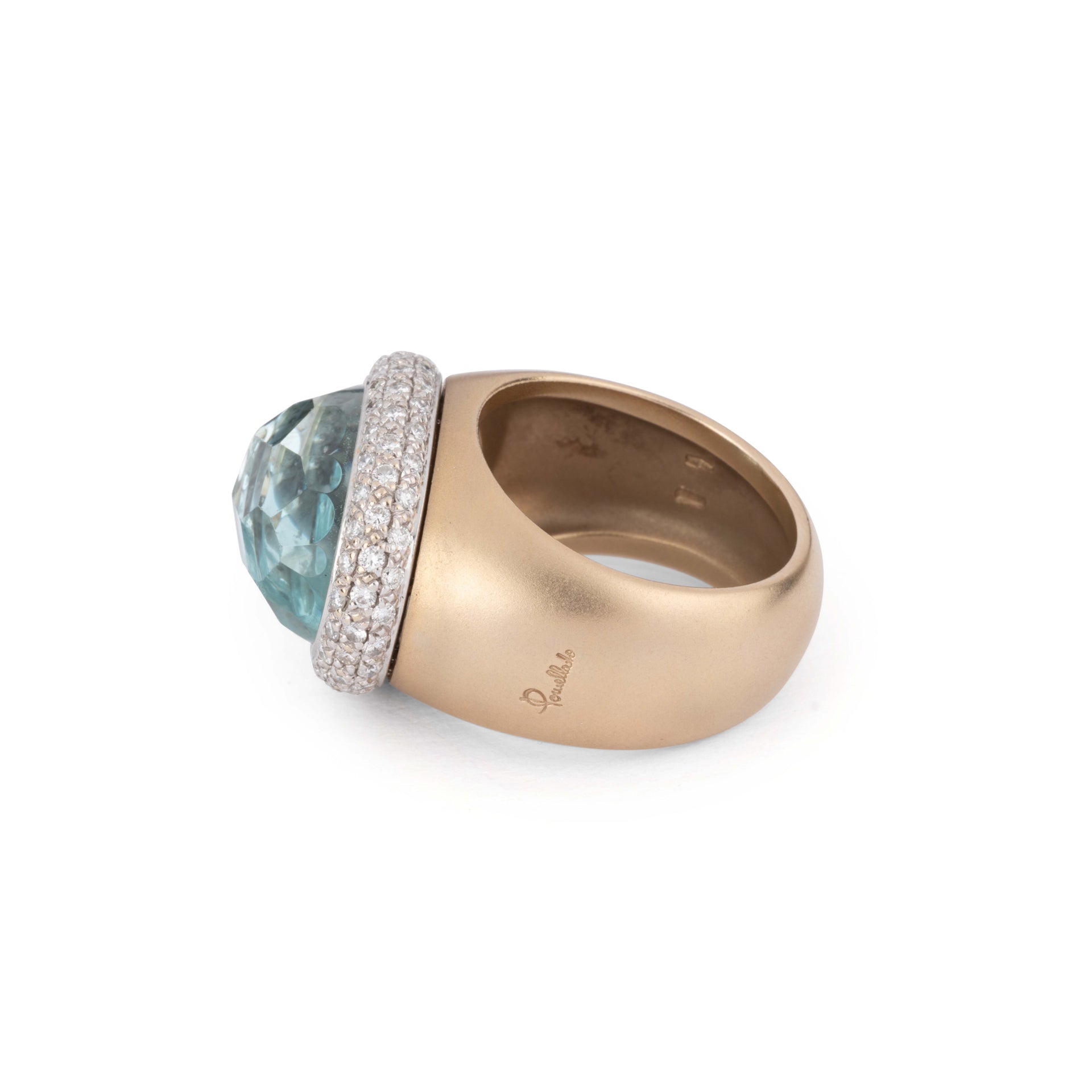 Bague or rose sablé signée de la maison italienne Pomellato ornée d'une aigue marine