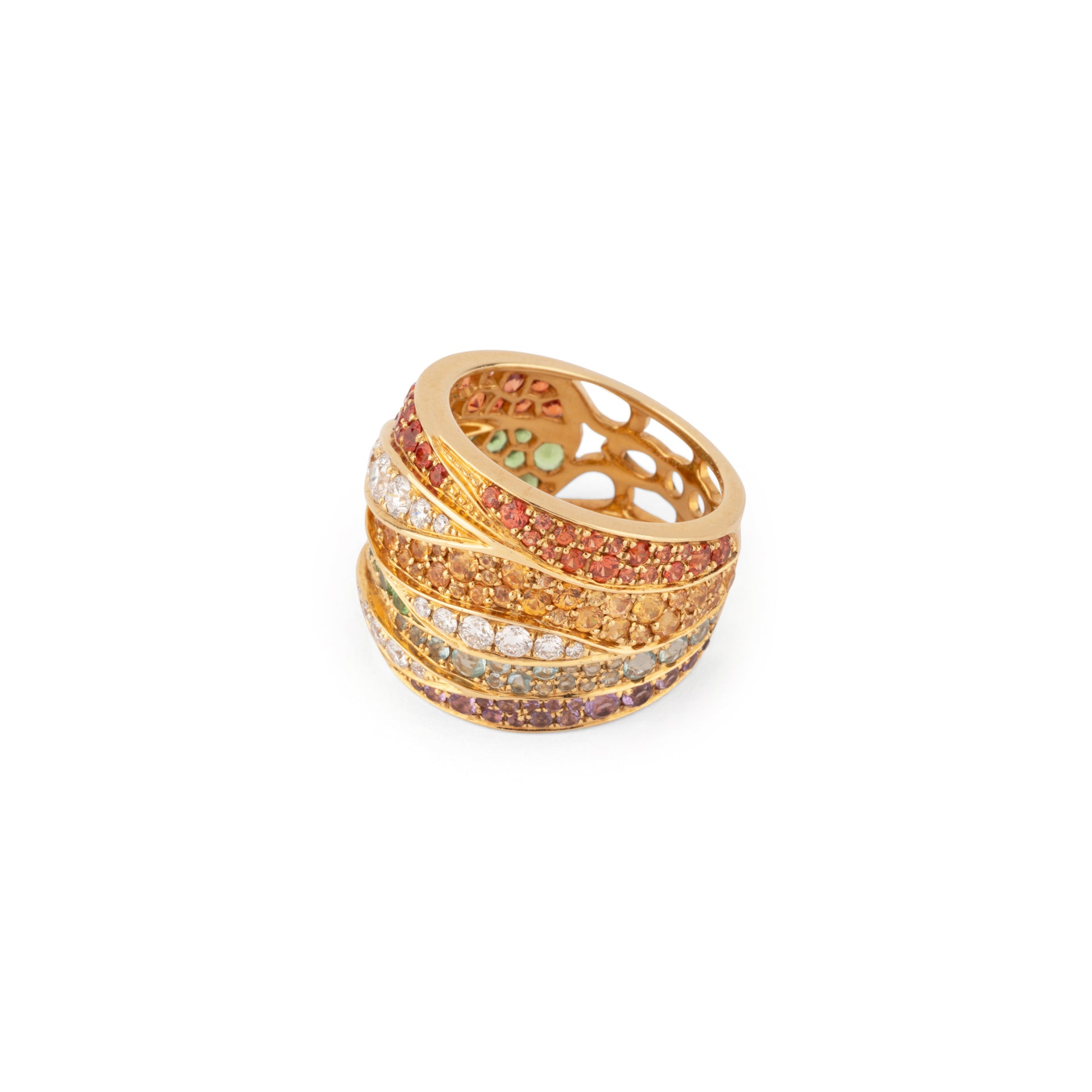 Bague bandeau or jaune entourée de pierres de couleurs