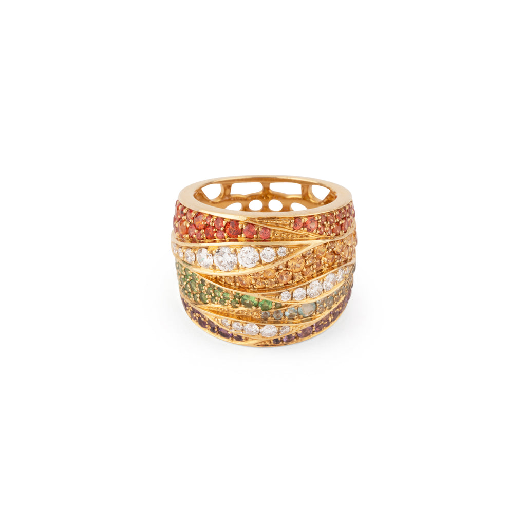 Bague bandeau or jaune entourée de pierres de couleurs