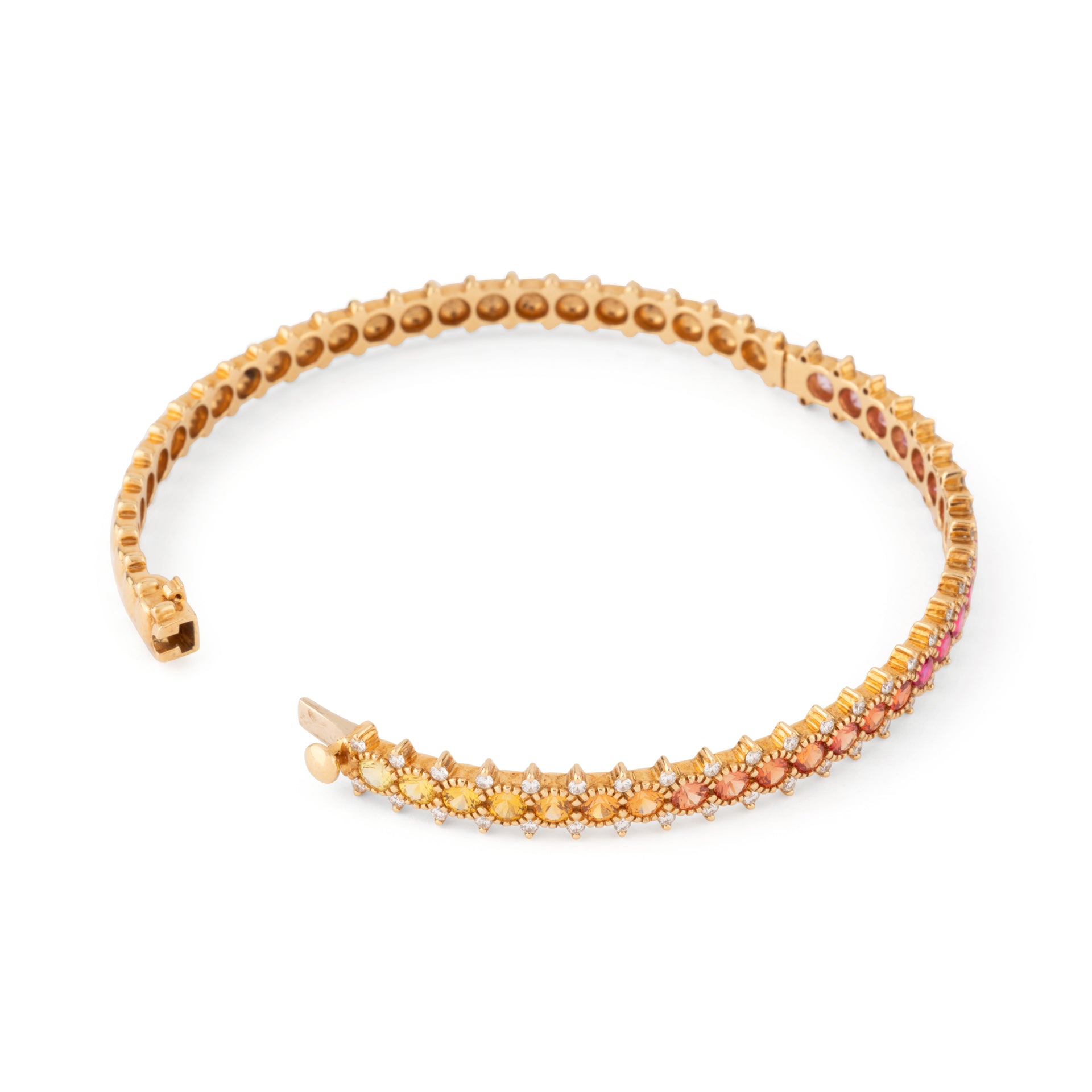 Bracelet rigide ouvrant en or rose ornée de saphirs multicolores