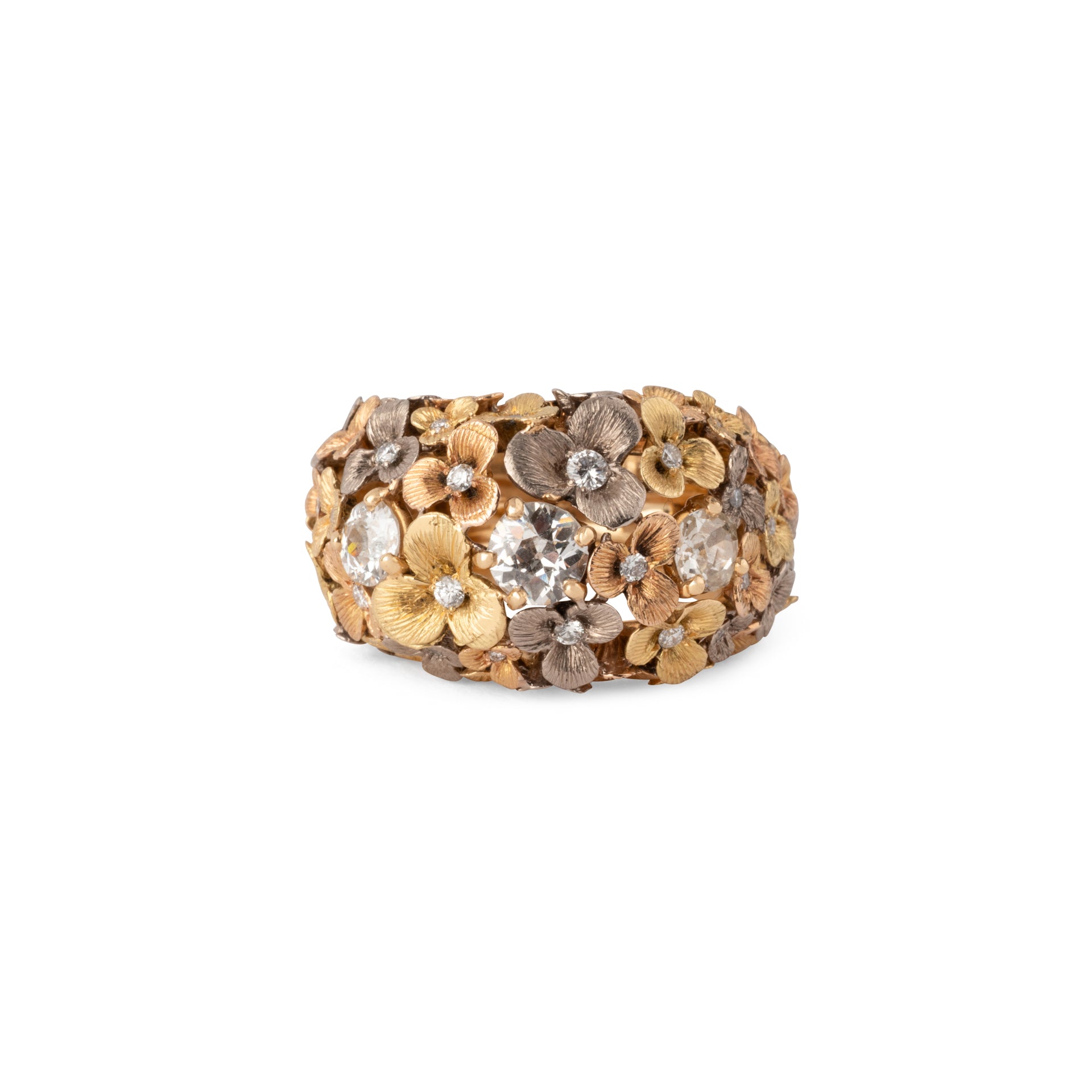Bague 3 ors ornée de décor floral intercalée de diamant
