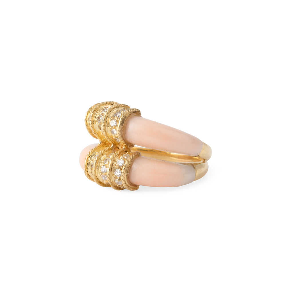 Bague double anneaux en corail peau d'ange sur or jaune