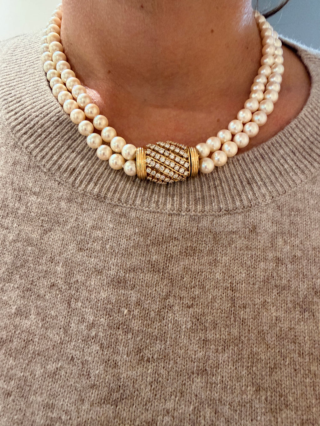 Double collier en perles de culture Akoya orné d'un fermoir or et diamant