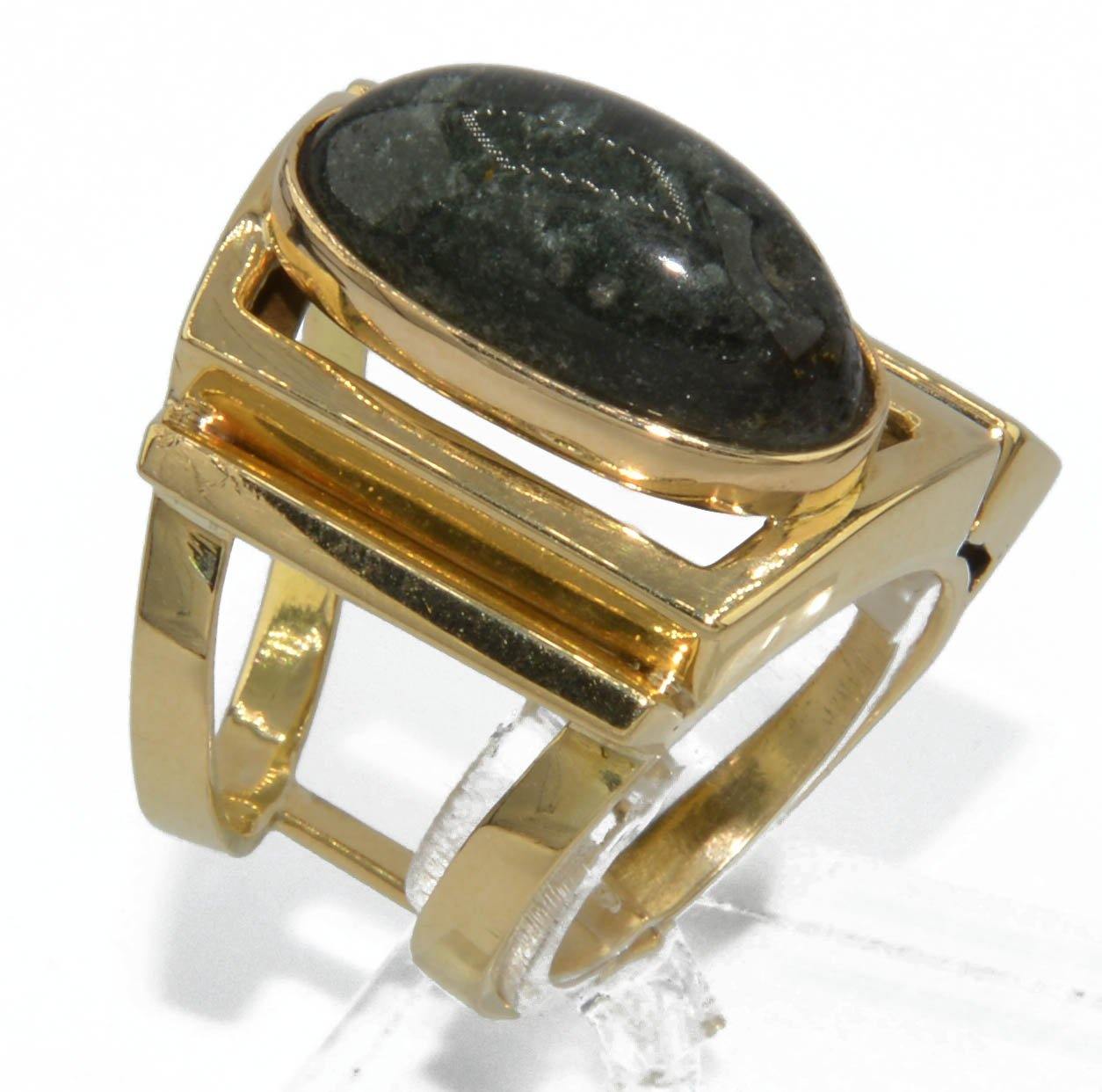 Bague géométrique or jaune ornée d'une agate mousse - adalgyseboutique
