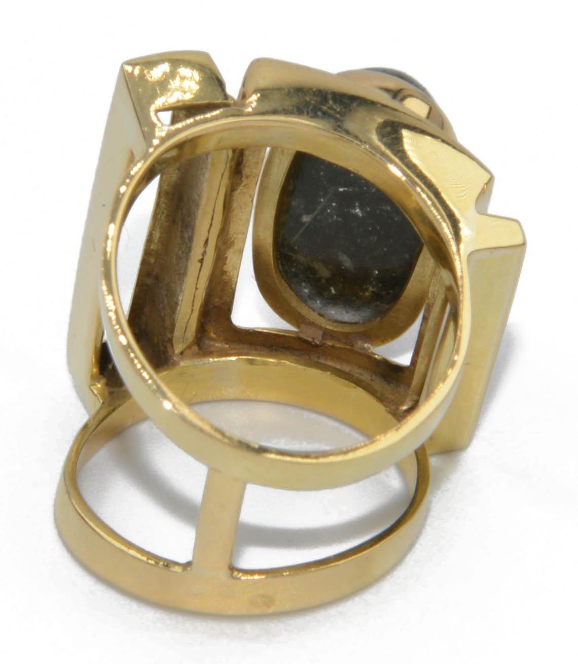 Bague géométrique or jaune ornée d'une agate mousse - adalgyseboutique