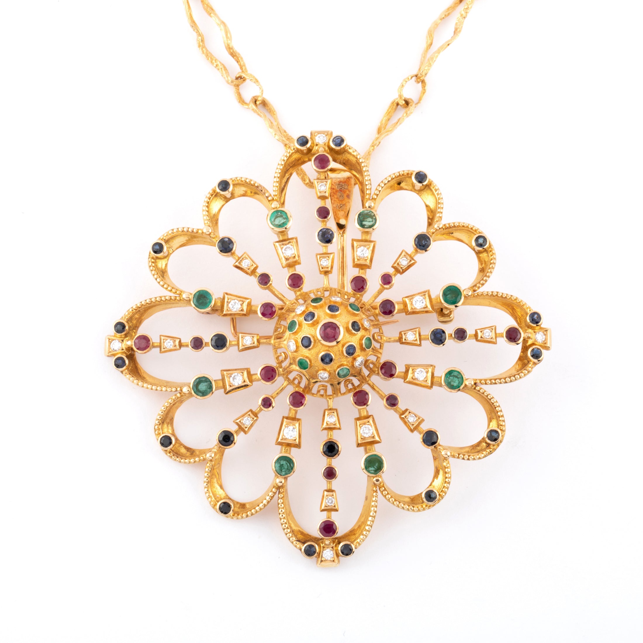 Pendentif et broche or jaune du créateur grec Lalaounis ornée de pierres précieuses