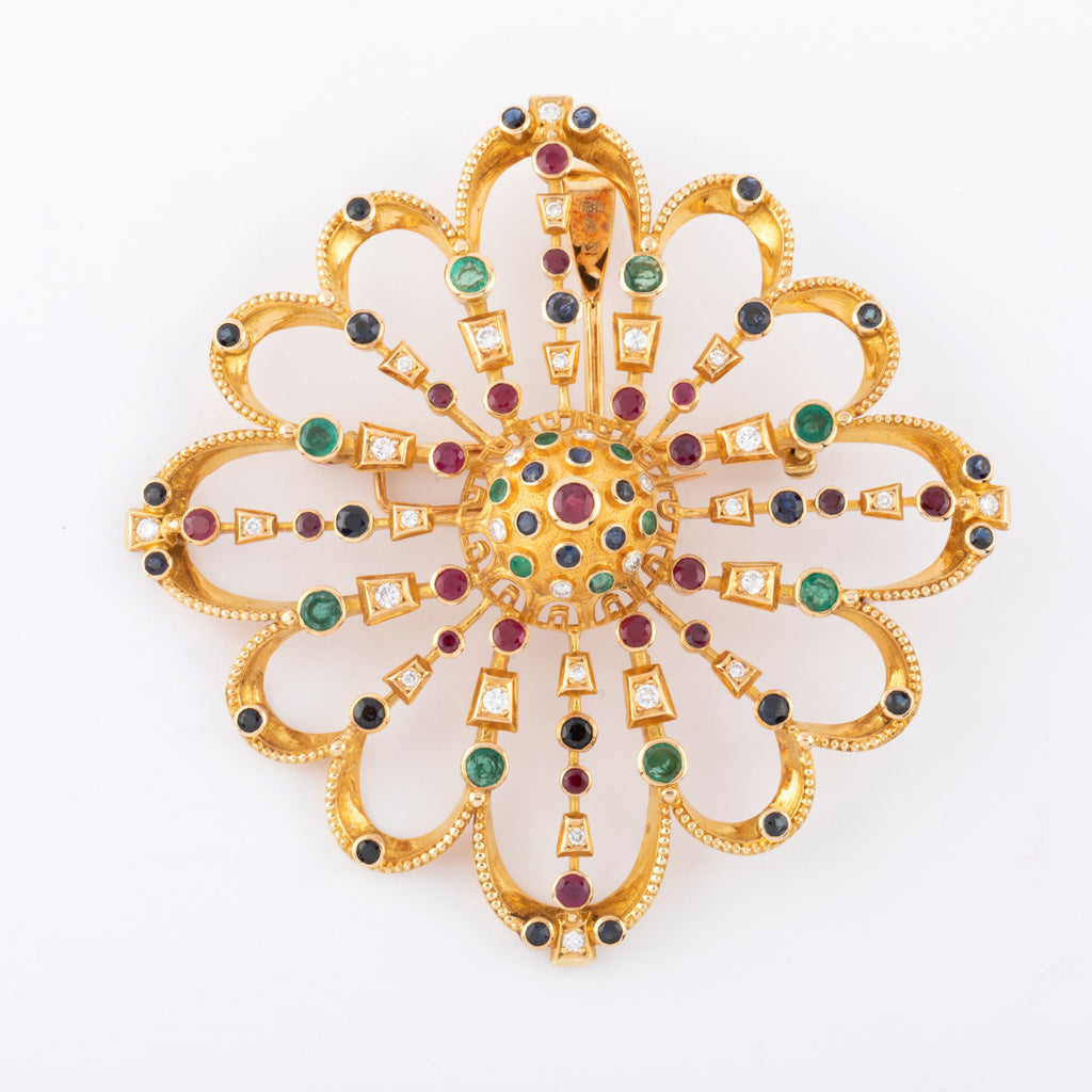 Pendentif et broche or jaune du créateur grec Lalaounis ornée de pierres précieuses