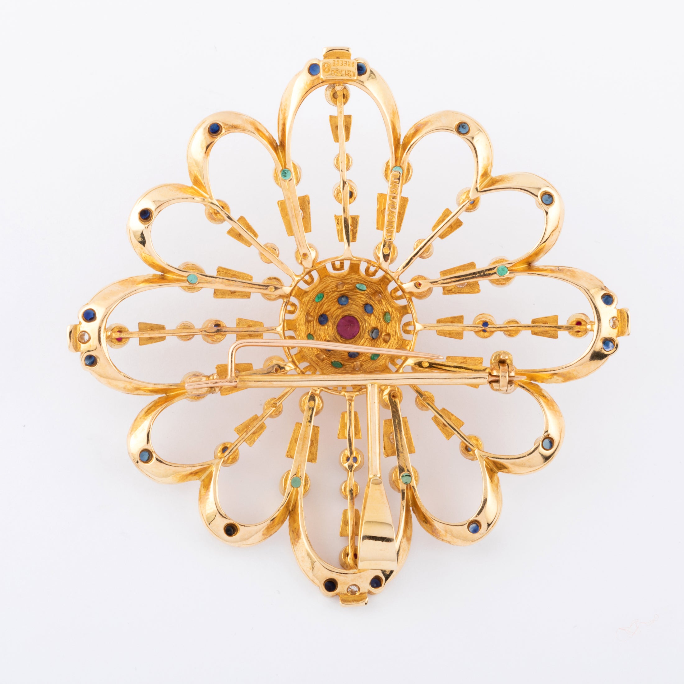 Pendentif et broche or jaune du créateur grec Lalaounis ornée de pierres précieuses